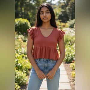 EUC Pie in the Sky Women’s Burnt Orange Peplum Crop Top Ruffle Cap Sleeve Size L